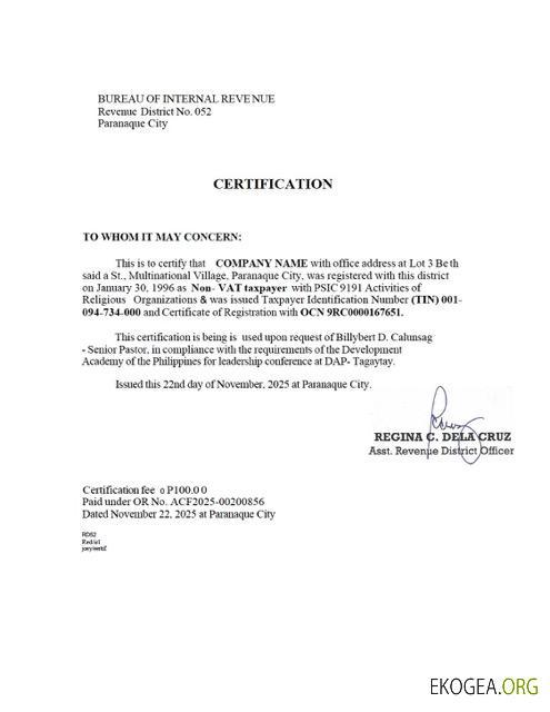 Modèle Word et PDF de certification fiscale des Philippines